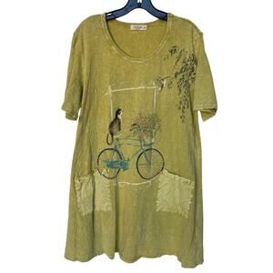 Jess & Jane Chartreuse Mineral Washed Pocket Dress with Cat and Bicycle size XL
